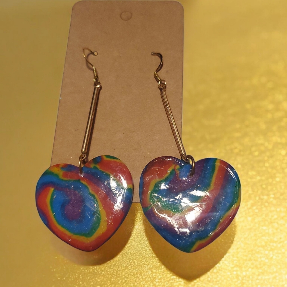 Pride Rainbow Heart Earrings – Handmade Polymer Clay LGBTQ+ Statement Dangles